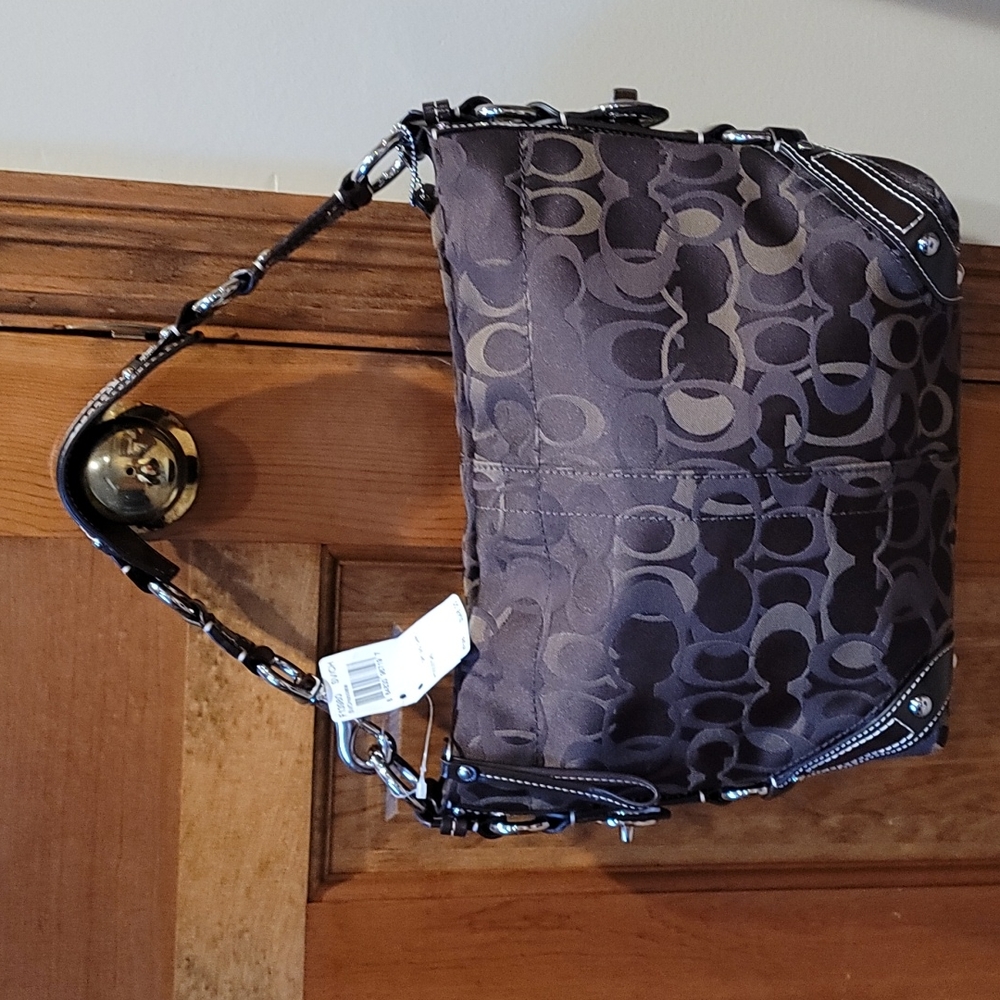 COACH F13980 CHOCOLATE OPTIC SIGNATURE LOGO CARLY STUD EMBELLISHED SHOULDER BAG